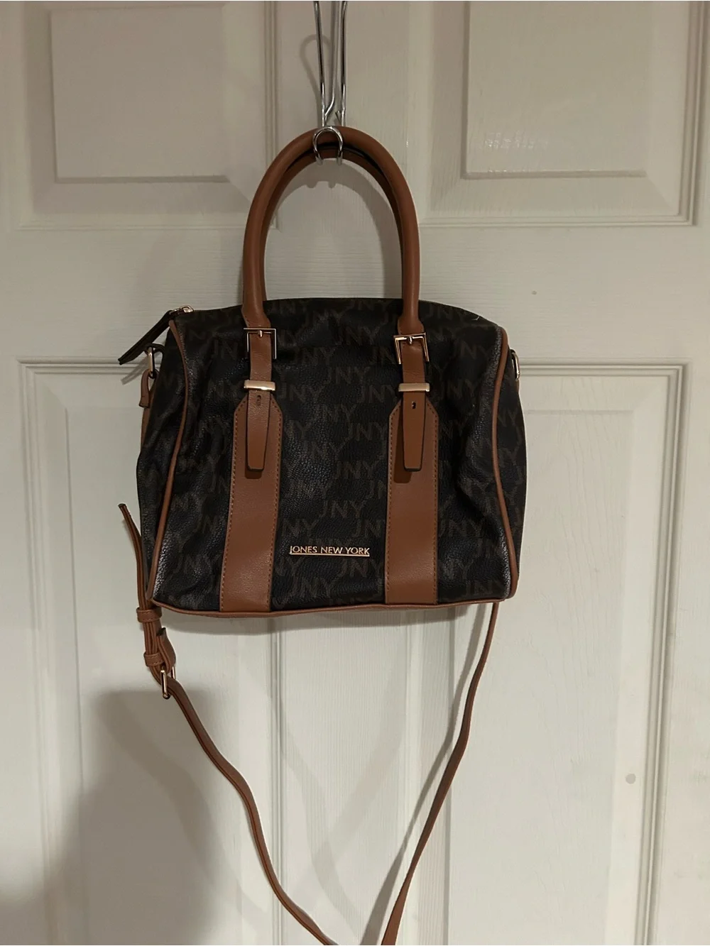 Jones New York Dark Brown Monogram Satchel with Tan Trim